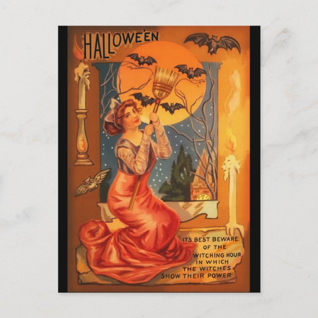 Beautiful Witch Vintage Halloween Greeting Postcard (Front)