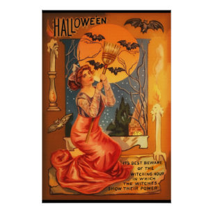 Beautiful Witch Vintage Halloween Greeting Poster