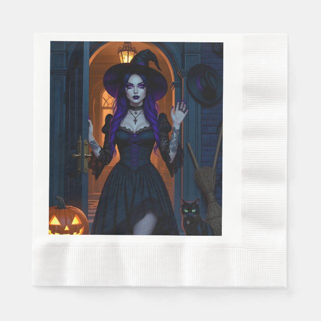Beautiful Witch with Candelabra Halloween Napkins (Front)