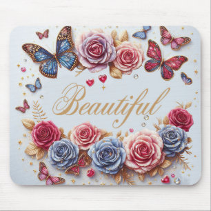 “Beautiful” with butterflies and roses Mouse Pad