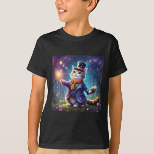 Beautiful Wizard Cat With Glowing Magic Wand Stick T-Shirt