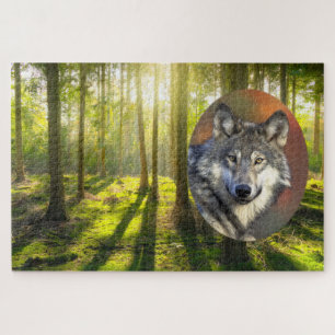 Beautiful Wolf And Sunrise Forest Jigsaw Puzzle