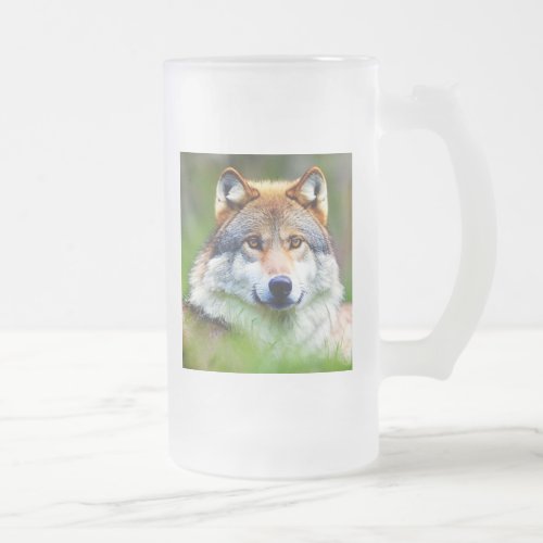 Beautiful Wolf head Painting  Frosted Glass Beer Mug