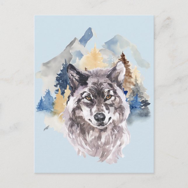 Beautiful Wolf Head Watercolor Forest Holiday Postcard (Front)