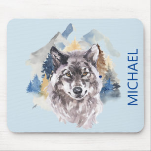 Beautiful Wolf Head Watercolor Forest name Option Mouse Pad