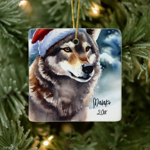 Beautiful Wolf in Snow Ceramic Ornament