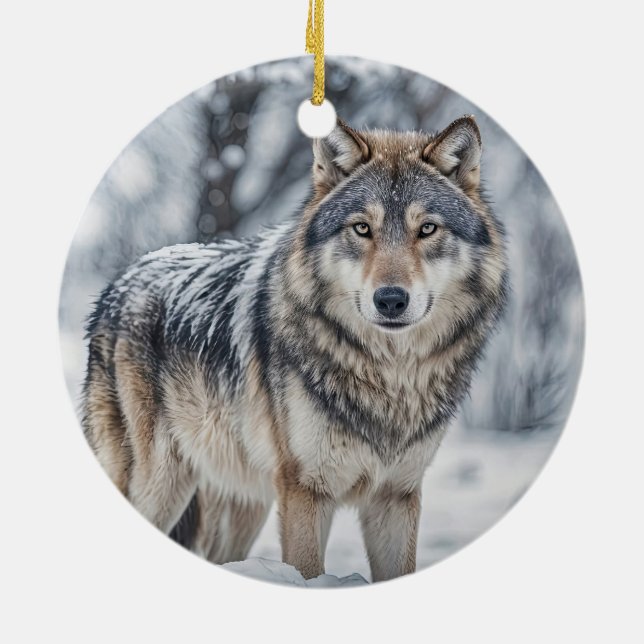 Beautiful Wolf in Snow Christmas Holiday Ceramic Ornament (Back)