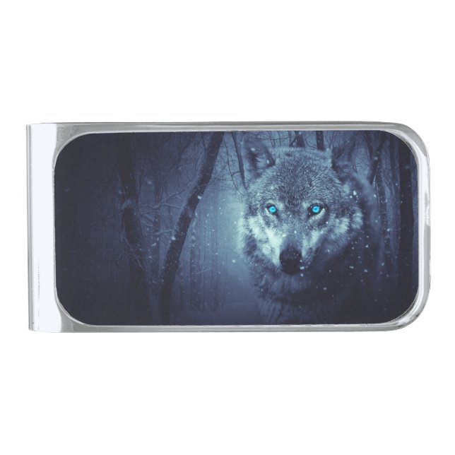 Beautiful Wolf In Snow Silver Finish Money Clip (Front)