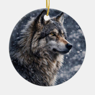 Beautiful Wolf in the Snow Winter Solstice Ceramic Ornament
