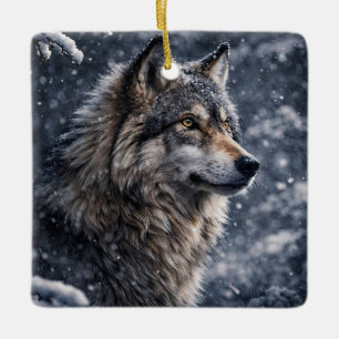 Beautiful Wolf in the Snow Winter Solstice Ceramic Ornament