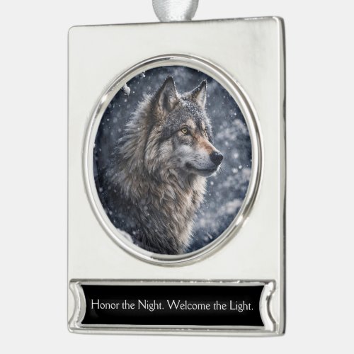 Beautiful Wolf in the Snow Winter Solstice  Silver Plated Banner Ornament