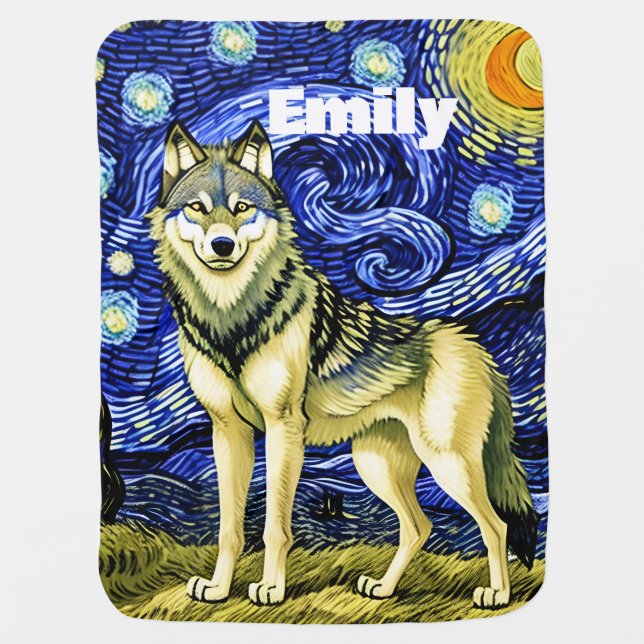Beautiful Wolf in  the Starry Night Baby Blanket (Front)