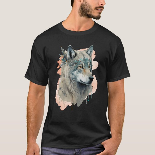 Beautiful Wolf Portrait Bohemian Watercolor Wolves T-Shirt (Front)