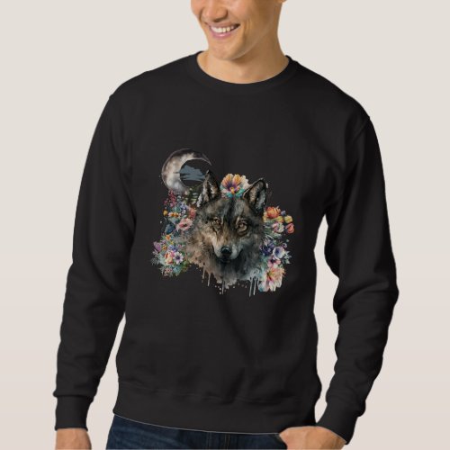 Beautiful Wolf Surrounded by Flowers and the Moon Sweatshirt