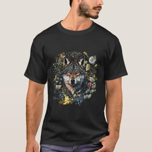 Beautiful Wolf Surrounded by Flowers  Butterflies T_Shirt