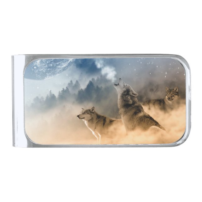 Beautiful Wolves In The Snow Silver Finish Money Clip (Front)