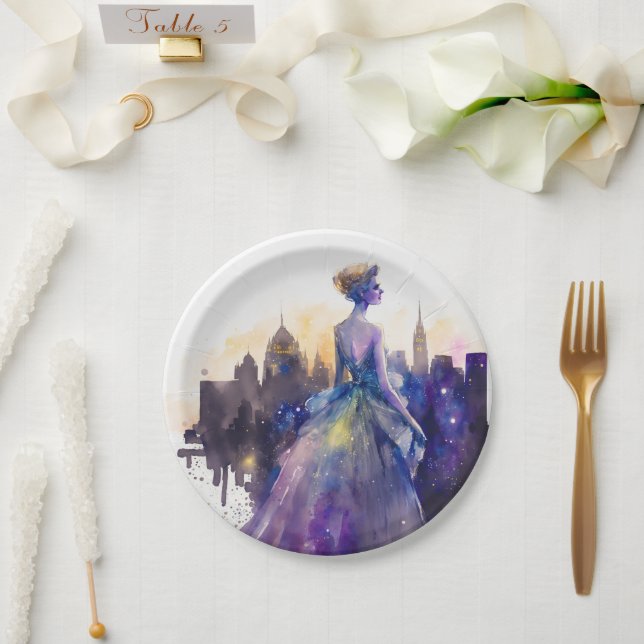 Beautiful Woman | Abstract Fairytale City Princess Paper Plates (Wedding)