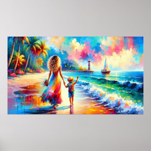 Beautiful Woman and Her Son Walking on a Beach Poster