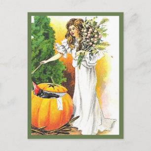 Beautiful Woman and Pumpkin - Vintage Halloween Postcard