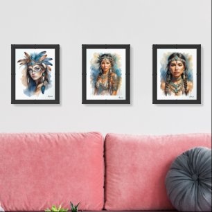 Beautiful Woman Boho Native American With Jewelry Wall Art Sets