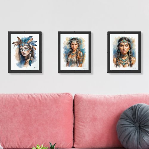 Beautiful Woman Boho Native American With Jewelry Wall Art Sets
