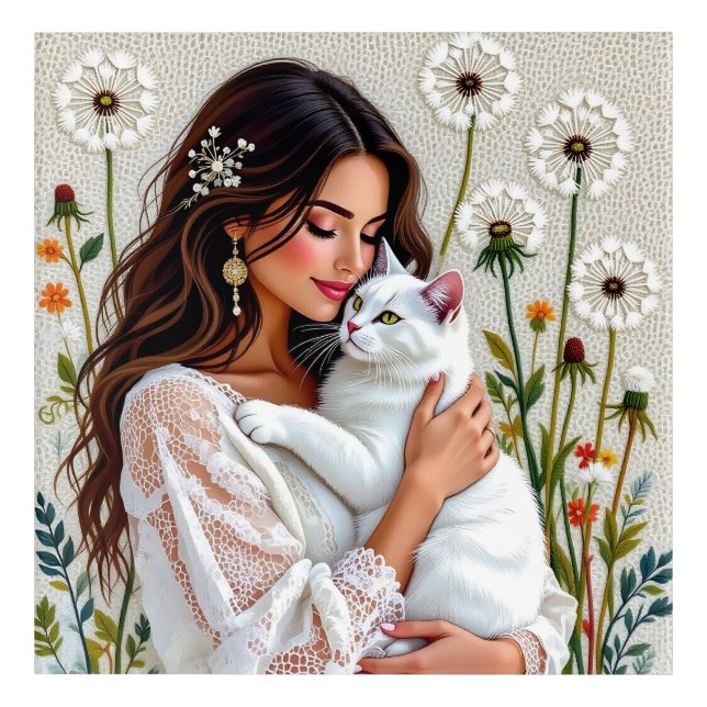 Beautiful Woman, Cat and Dandelions Acrylic Print (Front)