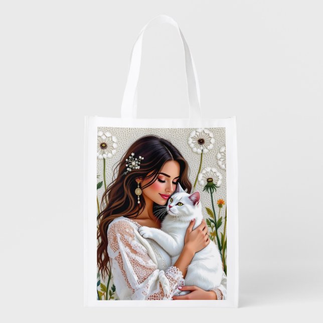 Beautiful Woman, Cat and Dandelions Grocery Bag (Front)