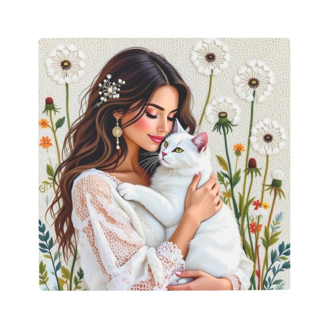 Beautiful Woman, Cat and Dandelions Metal Print (Front)