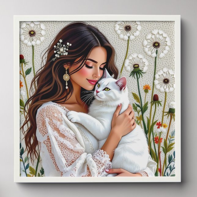 Beautiful Woman, Cat and Dandelions Peel And Stick Photo Tile (Front Set)