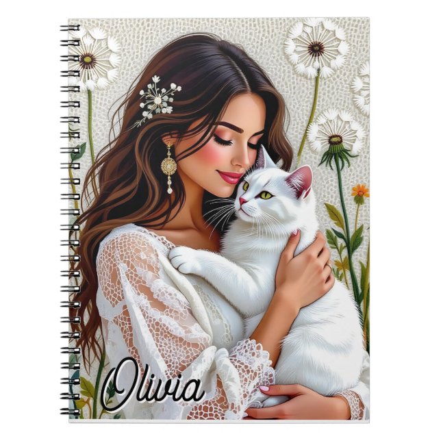 Beautiful Woman, Cat and Dandelions Personalized Notebook (Front)