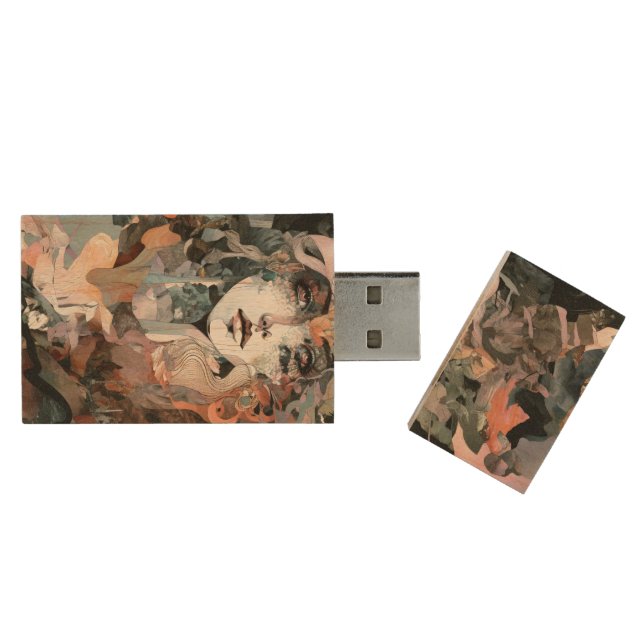 Beautiful Woman Collage Wood Flash Drive (Opened)