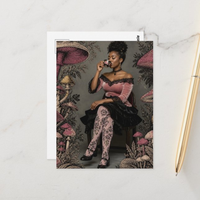 Beautiful Woman Drinks Tea Pink Mushrooms Postcard (Front/Back In Situ)