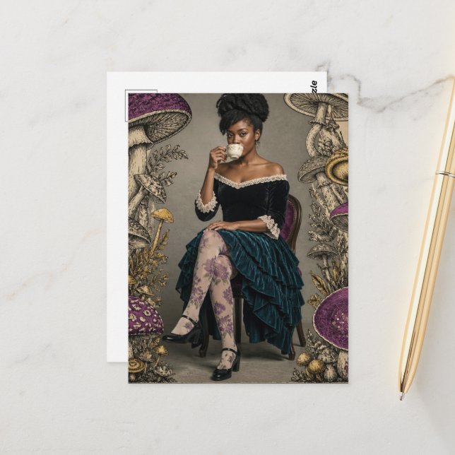 Beautiful Woman Drinks Tea Purple Retro Mushrooms Postcard (Front/Back In Situ)