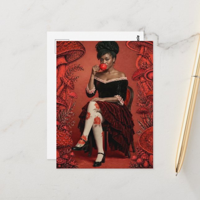Beautiful Woman Drinks Tea Red Mushrooms Postcard (Front/Back In Situ)