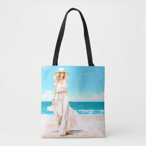 Beautiful Woman Enjoying A Walk On The Beach Tote