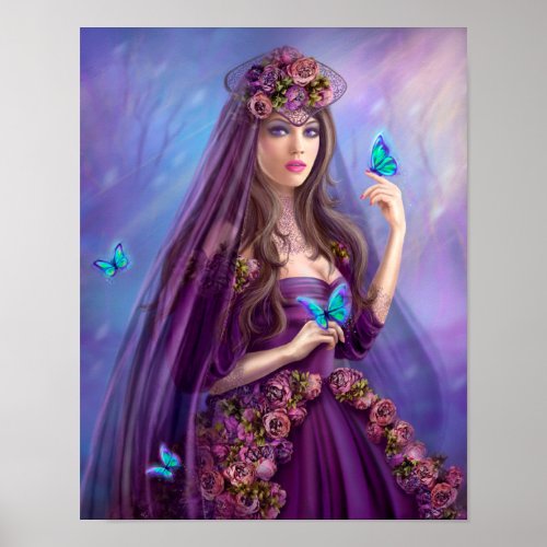 Beautiful woman fairy and blue butterflies Famtas Poster