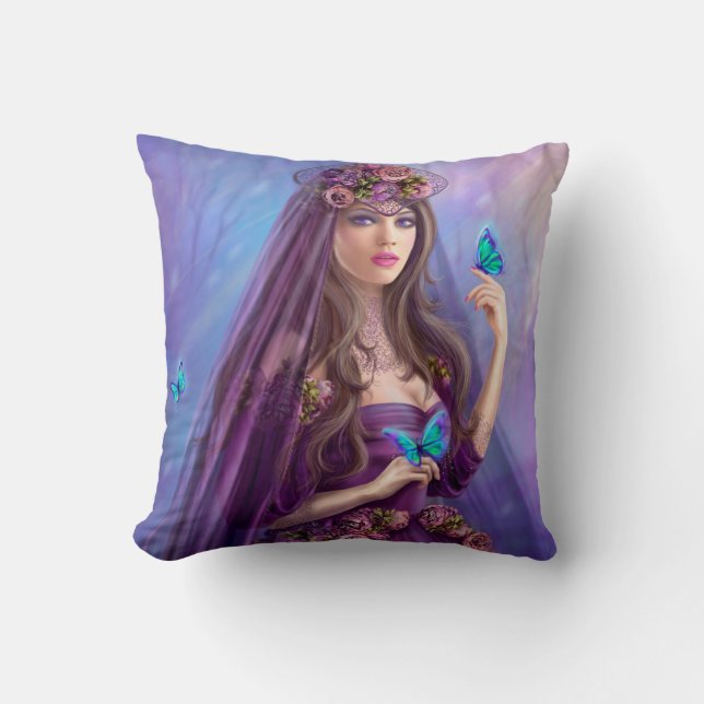 Beautiful woman fairy and blue butterflies. Famtas Throw Pillow (Front)