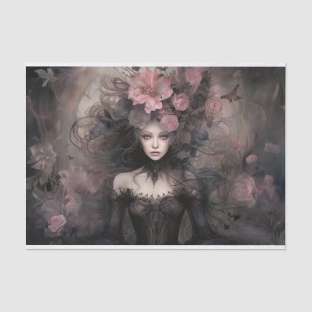 Beautiful Woman Gothic Queen with Flower Decoupage Tissue Paper (Front)