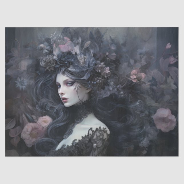 Beautiful Woman Gothic Queen with Flower Decoupage Tissue Paper (Front)