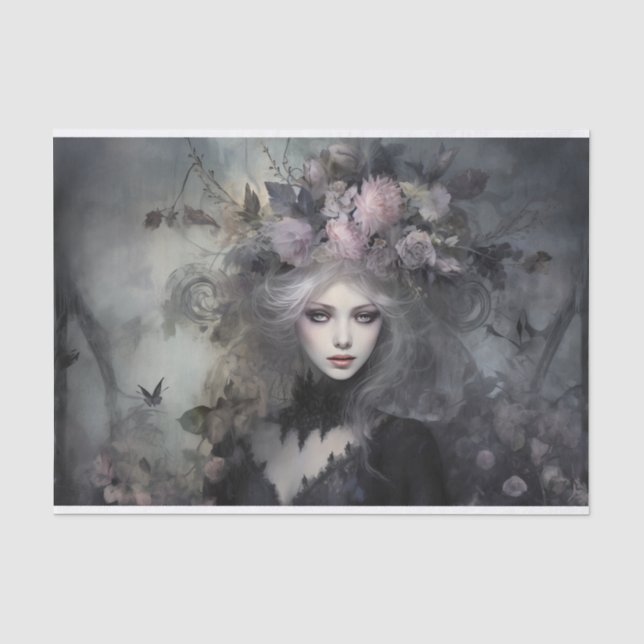 Beautiful Woman Gothic Queen with Flower Decoupage Tissue Paper (Front)