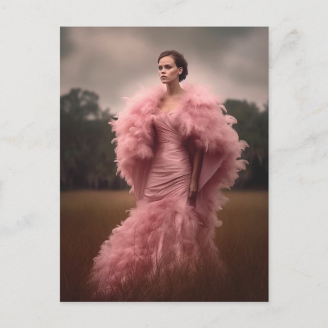 Beautiful Woman in a Pink Feather Dress in a Field Postcard (Front)