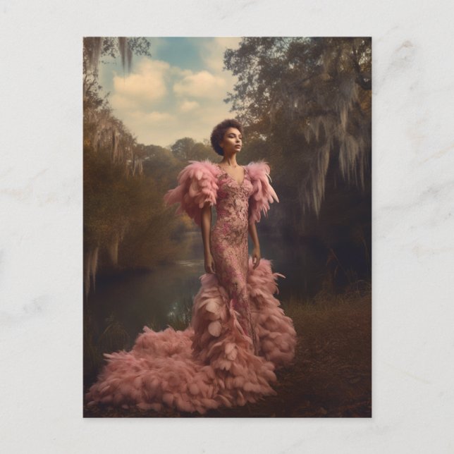 Beautiful Woman in a Pink Feathered Dress Postcard (Front)