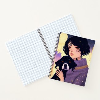 Beautiful woman in a sweater & a dog, notebook