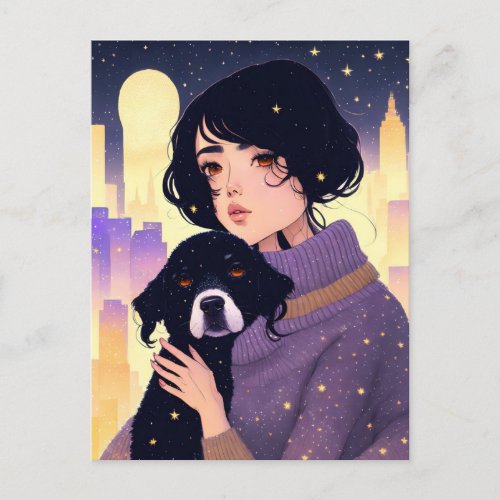 Beautiful woman in a sweater  a dog Postcrossing Postcard