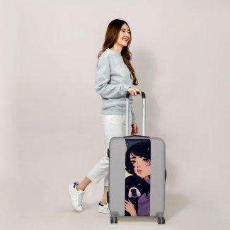Beautiful woman in a sweater and a dog, suitcase, luggage