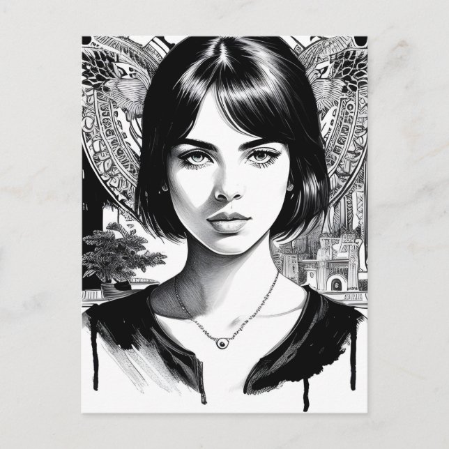 Beautiful woman in black and white  postcard (Front)