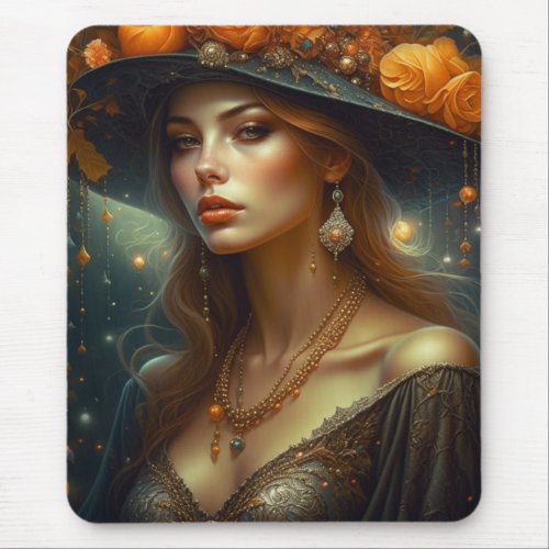 Beautiful Woman in Hat Ethereal Ai Art Mouse Pad