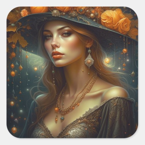 Beautiful Woman in Hat Ethereal Ai Art Square Sticker