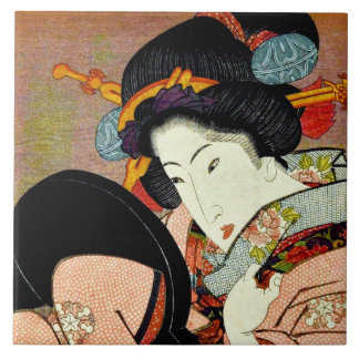 Beautiful Woman in Mirror by Utagawa Kunimaru Ceramic Tile