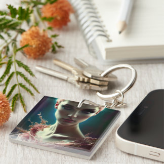 Beautiful Woman in Pink AI Generated Art Keychain
